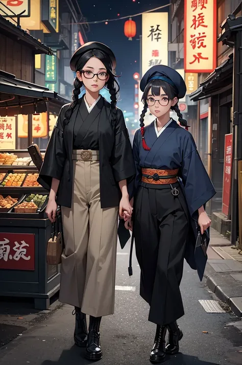 two girls,Gray bob hair,A girl with glasses and black hair in two braids,Dark blue beret,kimono,uniform,Rounded trousers down to the knee,Military boots、Fighting with a gun,Night food stalls,Night festival,Coal mine,underground,Taisho period,Japan,Many bil...