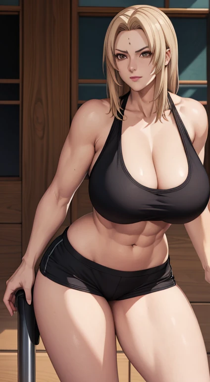 Tsunade, Gigantic Mature  : , Wearing Tight Tank Top, Wearing Tight Short Pants, PAWG, Curvy body, Full body, perfect ABS, Perfect body, ultra-reallistic corrected body, standing, at Fitness place, Seductive look, K HDR, cowboy shot.