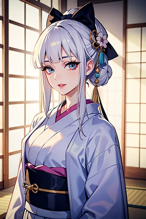 (high-quality, breathtaking),(expressive eyes, perfect face) (((yukata, sexy lips)), 1girl, female, solo, young adult, white hair, jade coloured eyes, stylised hair, gentle smile, long length hair, loose hair, side bangs, tied up, japanese clothing, elegan...