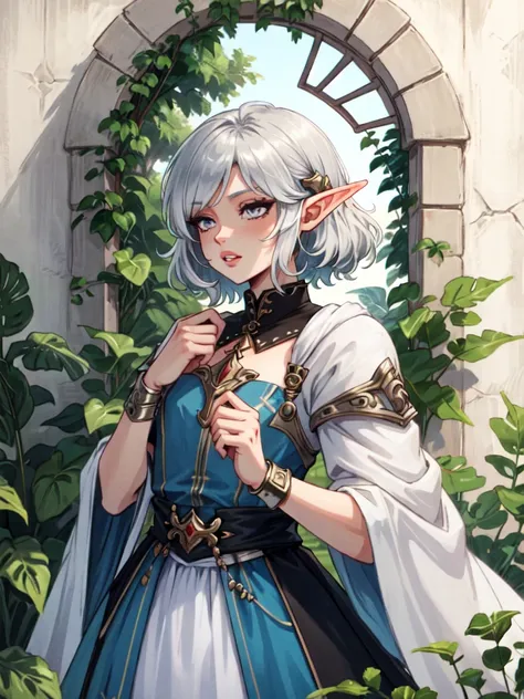 elf, fey, short hair, silver hair, short silver hair, silver eyes, femboy, dress, male, enchanting, fair skin, full lips