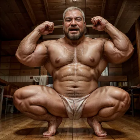 A white-haired muscular old man, Excessive body hair, white body hair, The upper body nude, Wearing Fundoshi on the lower body, Sweating all over the body, Fundoshi becomes transparent when wet with sweat, Does not contain any nsfw content, No content that...