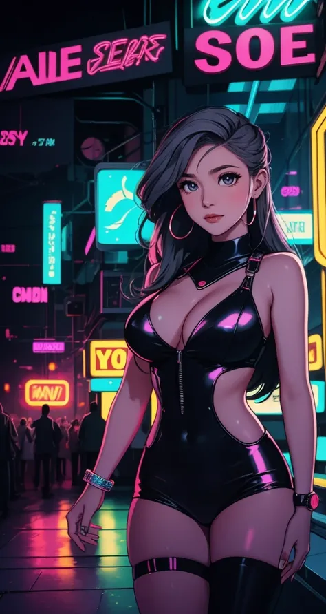 Ideal gray eyes Description: Create an exciting scene, combining nostalgic retrowave style with a futuristic cyberpunk aesthetic in a vibrant and inviting nightclub setting.  The main attention should be paid to the image of the most beautiful girl, combin...