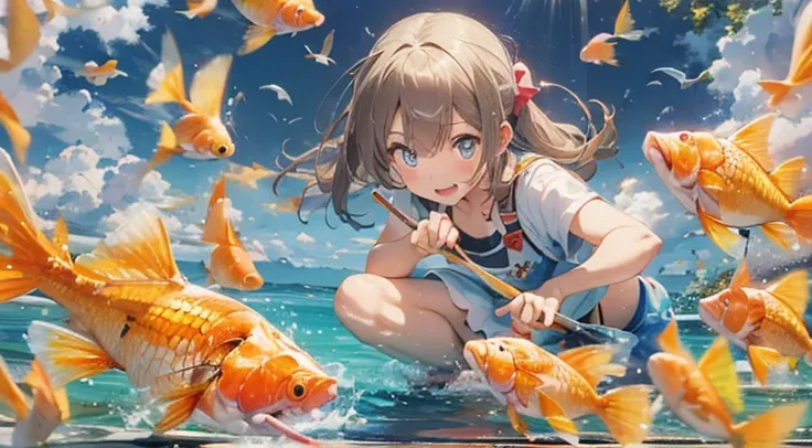 (Tabletop:1.2),(highest quality:1.1),(Very detailed:1.1),(Realistic:1.2),(colorful:1.2),(Young girl:1.3),(Japanese:1.1),(Clothing product samples:1.1),(Girls playing with goldfish scooping:1.3),(colorful contact lenses:1.2),(full body shot:1.2),(summer:1.1...