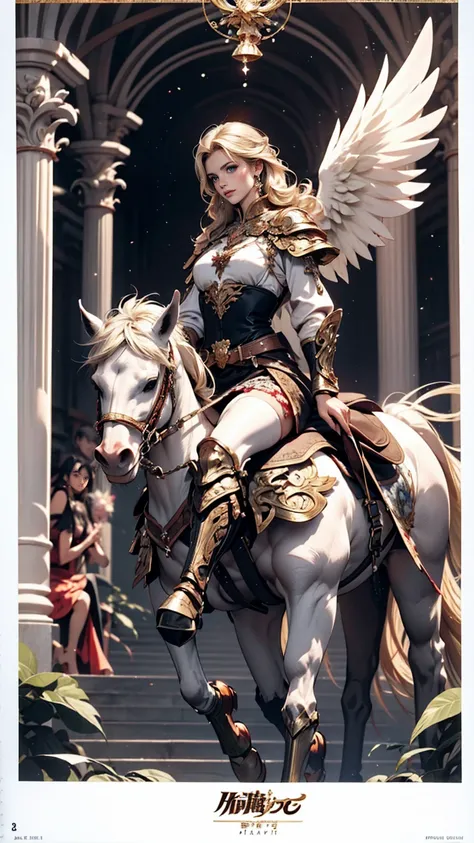 Horseback riding、It is Pegasus、Art Nouveau style、White woman、long hair、Platinum Blonde、Angel wings grow、Women are warrior maidens