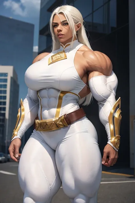 ((((Massive, beautiful, buff, brown skinned muscular woman with white hair, ginormous bulky muscles and wearing a white power ranger suit with tight pants)))), massive muscle, massive biceps, hyper muscle triceps, ((long straight white hair)), blue eyes, b...