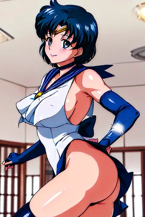 masterpiece, best quality, beautiful art, high resolution, well formed hands, body and fingers, 1 woman, solo, Sailor Mercury , adult, grown up , big breasted, cleavage, full body, wearing a Iroha Samurai Shodown outfit, hair ornament, gorgeous legs and th...