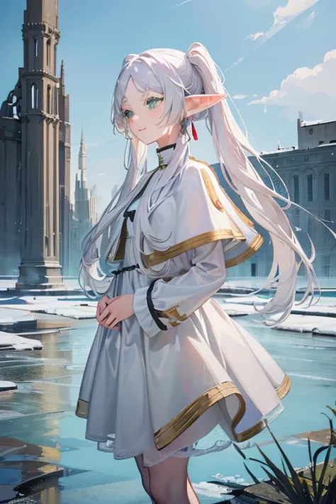 ((Freezing)), ((masterpiece)), (very saturated), (High resolution:1.3), (Professional photography:1.2), Wide Shot, (Cinema Lighting), One girl, alone, (Flat body), (smile), walking, beautiful, Fairy, Pointed Ears, Gray Hair, (Long twin tails), Green Eyes, ...