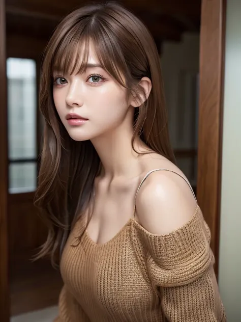 (Masseter muscle area:1.3)、(8k、Photorealistic、Raw photo、highest quality: 1.4)、(One Girl)、Beautiful Face、(A vivid face)、(brown hair:1.5)、(Medium Hair)、Beautiful hairstyle、（One eye is hidden by bangs：1.2）、Beautiful and fine details、（real skin）、Beautiful skin...