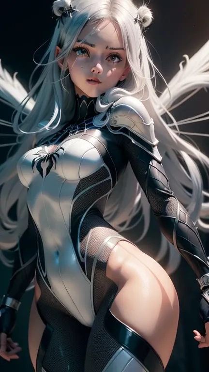 (Extreme close-up CG Unity 8K wall art, masterpiece, highest quality), (Dramatic exquisite lighting and shadow, cinematic lens effect), a girl in a white Spider-Girl costume, silver-gray hair, from the Spider-Girl parallel universe, Wengler, Wonder, Spider...