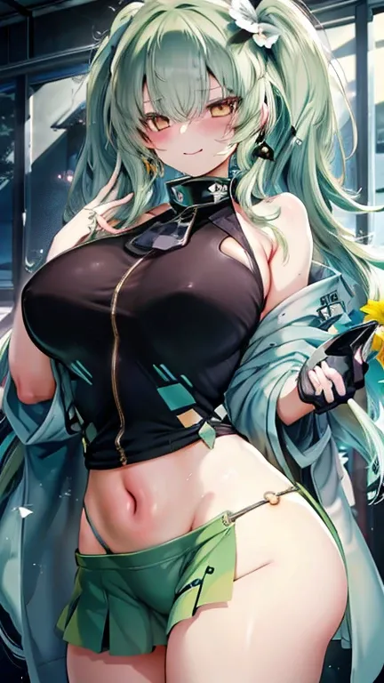 1girl, solo, , masterpiece, disproportionate breasts,chubby body ,gigantic breasts, sagging breasts, oppai, 13years, twintail hair, green hair, slanted eyes, orange eyes, gentle smile,