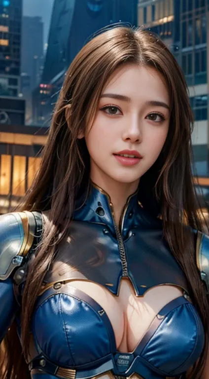 Virtual image,Realistic 8K images,Masterpiece,Complete Anatomy,Sharp details,Highest quality,Girl with long hair, flowing brown hair,have beautiful breasts.,big breasts,robot cyborg robot,_metallic blue,A smile corners his mouth.., Look at me...,The backgr...