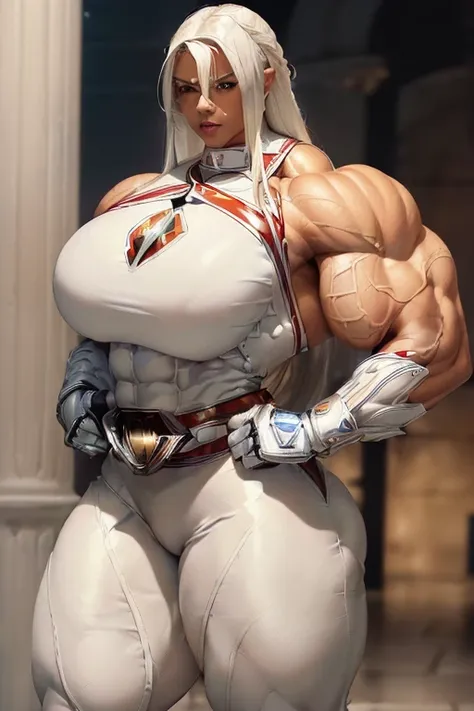 ((((Massive, beautiful, buff, light brown skinned muscular woman with white hair, ginormous bulky muscles and wearing a white power ranger suit with tight pants)))), power ranger helmet, (massive muscle), (massive biceps), ((long straight white hair)), blu...