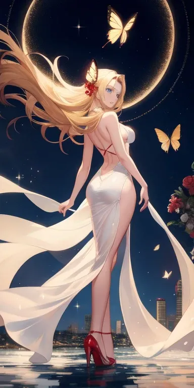 (work of art), (masterpiece), (best quality), a blonde girl, (blue eyes), wearing  nothing, brightly lit night city background, red bow, butterflies in golden circle, flowing hair , but g , full figure head to toes , standing beside poles , showing beautif...