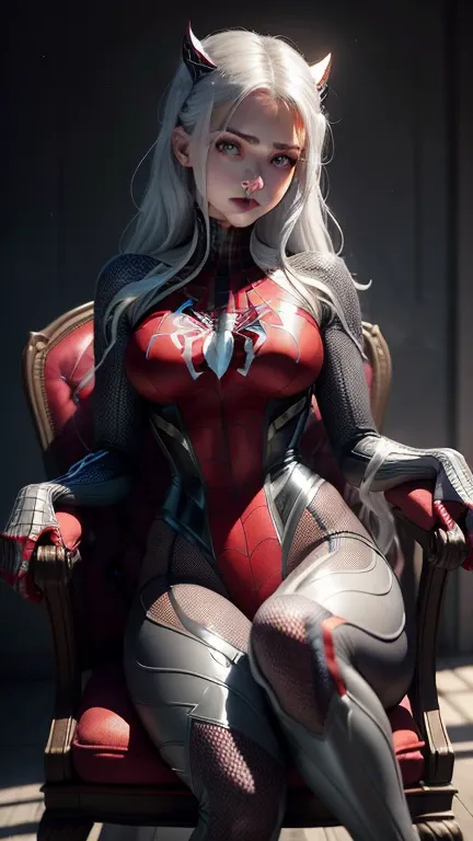 (Extreme detail Paper Texture CG Unity 8K, Artwork of Highest Quality), (Exquisite lighting and shadow, Dramatic and Cinematic Image), a girl in a white Spiderman costume, silver-gray hair, from the Spiderman Parallel Universe, Wolverine, Wonder Woman, Spi...