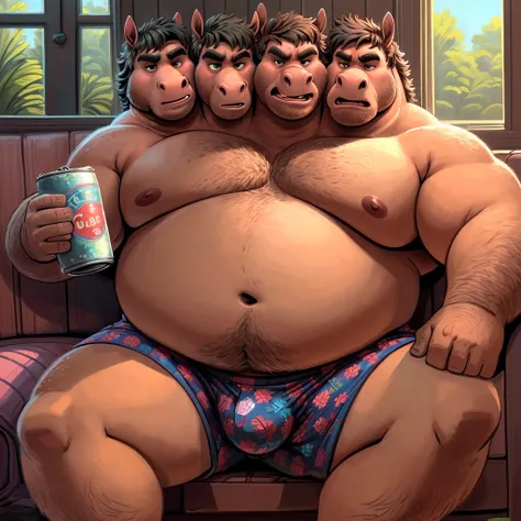 solo, equine, horse, (four headed), conjoined, identical, masculine, overweight:1.5, obese, fat, belly, chubby, dadbod, adult, mature, older man, brown fur, (by rembrandt:1.7, by dramamine), pixar:1.1, by dreamworks, porch background, (shirtless, boxers, b...