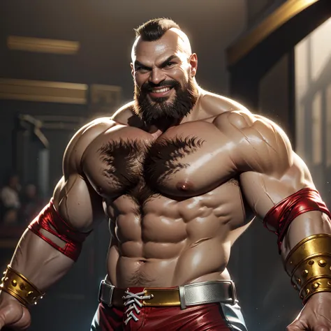 Zangief, brown hair, brown eyes, beard,  chest hair,  muscular,   elbow pads,  arm bands, 
topless male,  red and white tight pants, 
underground fight club,  
standing, smile, 
(insanely detailed, beautiful detailed face, masterpiece, best quality)
solo, ...