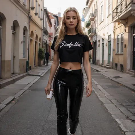 Beautiful blonde woman, in rom vor einer alten hauswand, black shiny patent leggings, rosa tshirt, Full body image, white sneakers