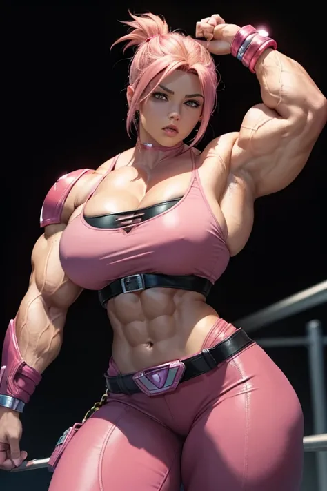 ((((Massive, beautiful, buff, light brown skinned muscular woman with shocking pink hair, ginormous bulky muscles and wearing a shocking pink power ranger suit with tight pants)))), (massive muscle), (massive biceps), (angled bob cut), red eyes, hero glove...