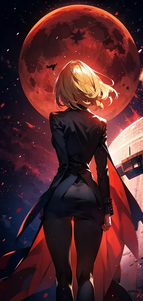 blonde woman，long coat，mini skirt，rear view，silhouette，red moon，red night，