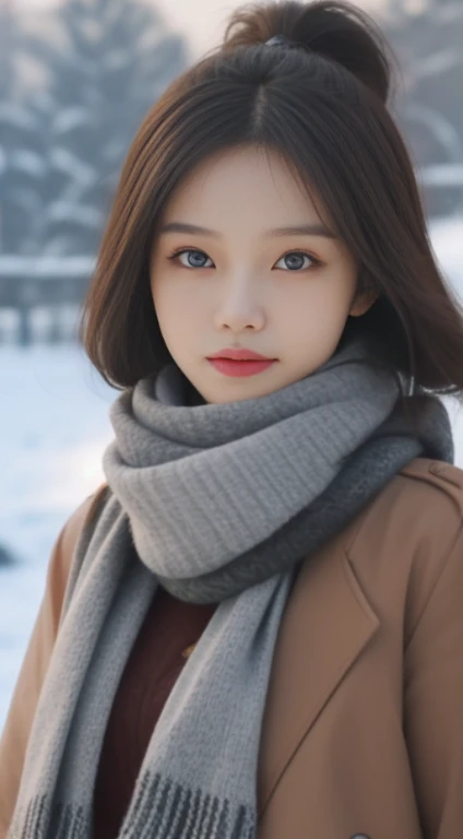 Key Points:1.2, Beautiful woman with perfect body:1.4,，best facial quality, Ultra-high facial detail，Super high pupil detail，Slim figure，Smaller bust，in the winter，scarf，external，Sunlight，pedestrian