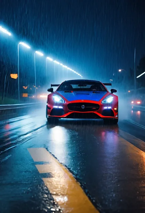 movie scene，Close-up，(Looking directly at the out-of-control car)，(A high-speed racing car is rushing towards the camera)，(Track on a rainy night:1.5)，it&#39;s foggy，Dazzling anamorphic lens flare，Dramatic Lighting，(high speed photography)，(Motion Blur:1.5...