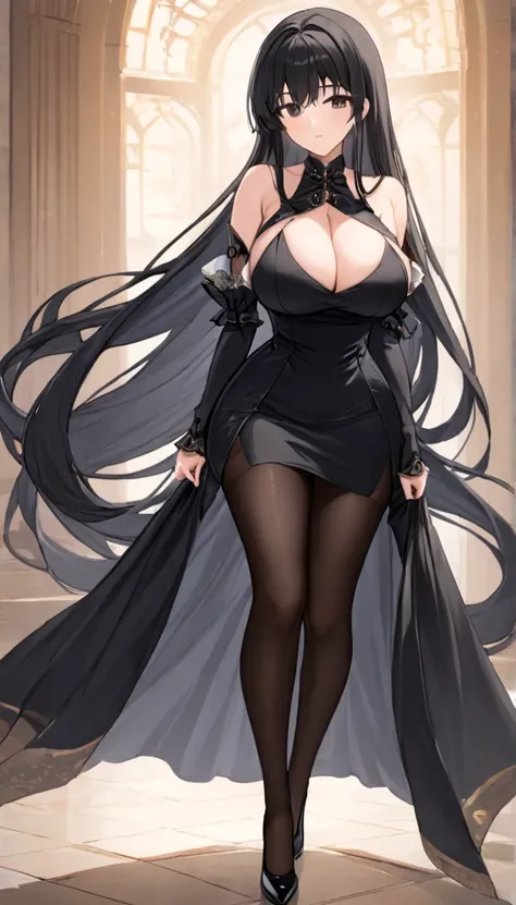 masterpiece,high quality,1girl,solo,long hair,breasts,looking at viewer,large breasts,black hair,dress,holding,bare shoulders,very long hair,full body,pantyhose,detached sleeves,black footwear,black dress,high heels,black pantyhose,bodystocking,eye_contact...