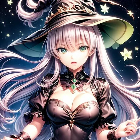 witch、Night Sky、Green Eyes、front、Fluttering Hair