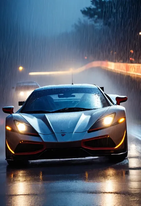 movie scene，Close-up，(Looking directly at the out-of-control car)，(A high-speed racing car is rushing towards the camera)，(Track on a rainy night:1.5)，it&#39;s foggy，Dazzling anamorphic lens flare，Dramatic Lighting，(high speed photography)，(Motion Blur:1.5...