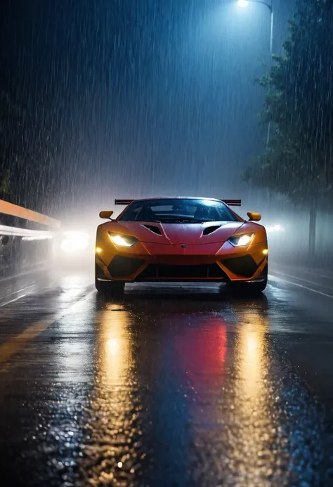 movie scene，Close-up，(Looking directly at the out-of-control car)，(A high-speed racing car is rushing towards the camera)，(Track on a rainy night:1.5)，it&#39;s foggy，Dazzling anamorphic lens flare，Dramatic Lighting，(high speed photography)，(Motion Blur:1.5...