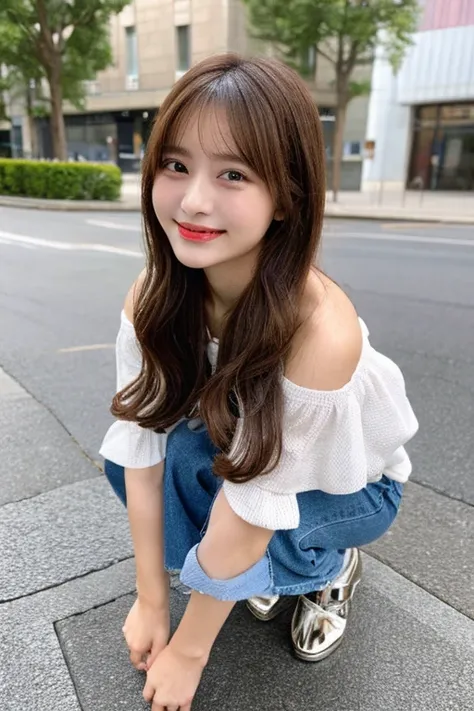 High resolution, highest quality, Perfect dynamic composition, Beautiful fine details, Off the shoulder、Shiny Hair、Medium Hair, Natural color lip, university student、Harajuku、smile、Crouching、M-shaped feet、I can see your pants、