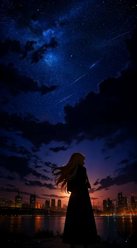 １people々々々,Blonde long-haired woman，Long coat， Dress Silhouette， Rear View，Space Sky, comet, Anime Style,Night view of the town across the river from the beach，