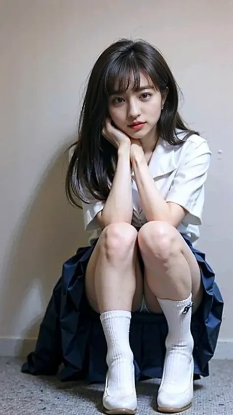 alone、high school girl、Natural body shape、White skin、Natural Makeup、Black Hair、bangs、Straight Long Hair、((High School Uniform))(((White blouse、navy pleated skirt、Micro Mini Skirt)))、(((Big Breasts)))、、School classroom、(turn around and look at the camera)、F...