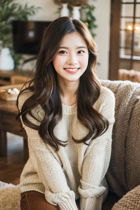 A portrait of a young wife in her 20s, looking cheerful and stylish. She has long, flowing hair and is wearing a modern, casual outfit. The background is a cozy, well-decorated living room, reflecting a warm and inviting atmosphere