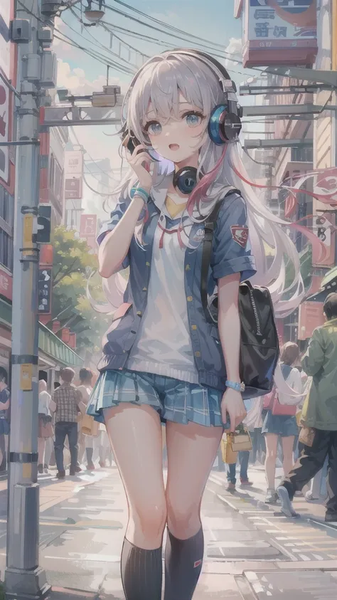 (masterpiece), (highest quality:1.4), (Ultra-high resolution:1.2),  Highly detailed background, (unity 8k wallpaper), Cute high school girl walking through the streets of Tokyo with headphones on。Illustrations inspired by city pop culture、、Wear loose socks...