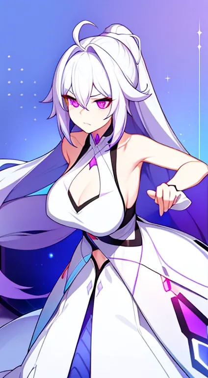 young girl, Long white hair, high ponytail, violet eyes, Rich sleeveless dress, open breasts, anger, Masterpiece, hiquality