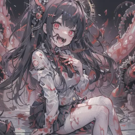 masterpiece, best quality, masterpiece,best quality,official art,extremely detailed CG unity 8k wallpaper, show foot, little girl, solo, kawaii, no_humans, medium hair, black hair, tentacle hair, saliva, blood on face, light blush, red eyes, blood from eye...