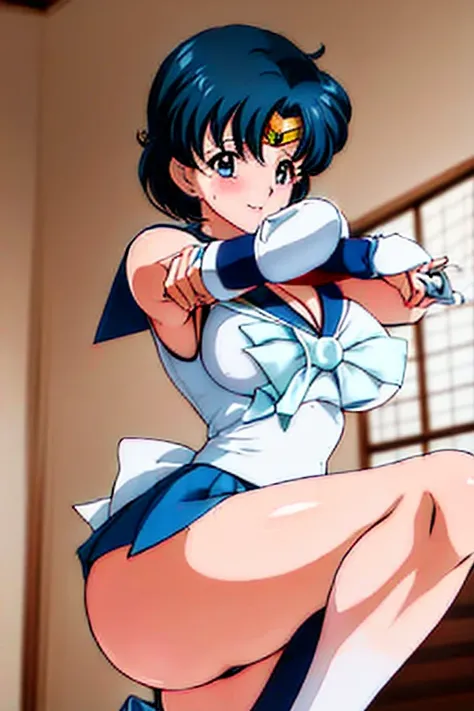 masterpiece, best quality, beautiful art, high resolution, well formed hands, body and fingers, 1 woman, solo, Sailor Mercury , adult, grown up, big breasted, cleavage, full body, wearing a Iroha Samurai Shodown outfit, hair ornament, gorgeous legs and thi...