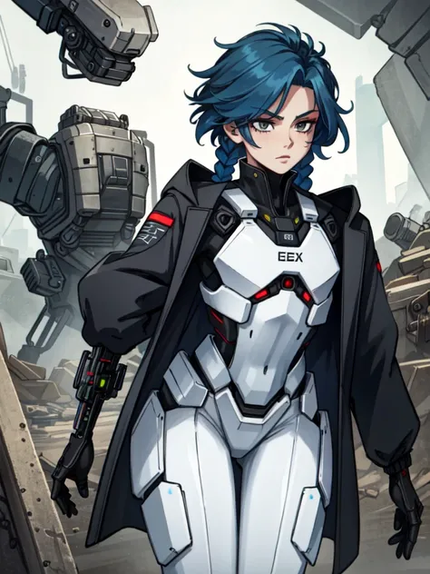 android, femboy, male, joints, robot, black eyes, midnight blue hair, circuits running through skin, braided hair, uniform, curvy, flat chest, male chest, 1boy, solo