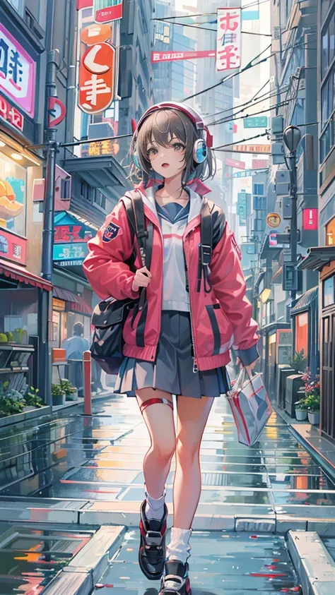 (masterpiece), (highest quality:1.4), (Ultra-high resolution:1.2),  Highly detailed background, (unity 8k wallpaper), Cute high school girl wearing headphones walking through the streets of Tokyo。Illustrations inspired by city pop culture、、Wear loose socks...