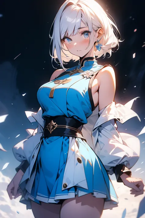 anime,1girl,pov,masterpiece,high quality,High resolution,HD,4K,8K,viscous paint,photo realistic,white hair,(Blue clothe:1.5),Nurse,(Ao Dai:1.2),Cape,(open shoulders:1.4),underbust,(breastshaping:1.2),(boob shaped clothes:1.3),mini tight Skirt,Clothes full ...