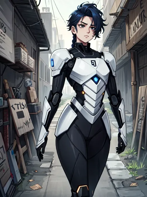 android, femboy, male, joints, robot, black eyes, midnight blue hair, circuits running through skin, braided hair, uniform, curvy, flat chest, male chest, 1boy, solo, full hips