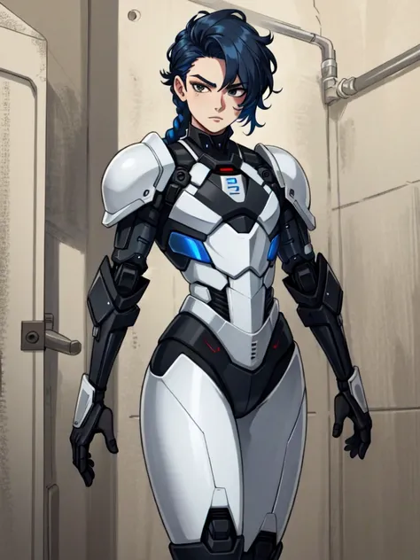 android, femboy, male, joints, robot, black eyes, midnight blue hair, circuits running through skin, braided hair, uniform, curvy, flat chest, male chest, 1boy, solo, full hips