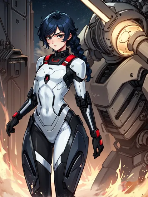 android, femboy, male, joints, robot, black eyes, midnight blue hair, circuits running through skin, braided hair, uniform, curvy, flat chest, male chest, 1boy, solo, full hips, girly