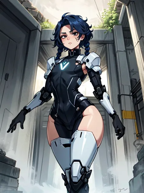 android, femboy, male, joints, robot, black eyes, midnight blue hair, circuits running through skin, braided hair, uniform, curvy, flat chest, male chest, 1boy, solo, wide hips