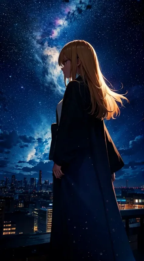 １people々々々々々,Blonde long-haired woman，Long coat， Dress Silhouette， Rear View，Space Sky, comet, Anime Style, Starry sky seen from the rooftop，