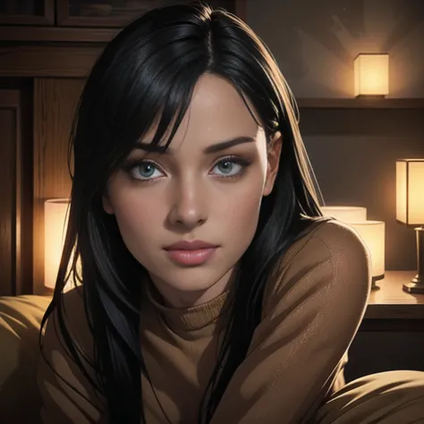 A girl with detailed eyes and lips, aged 40, with black hair and no clothes, in a cozy ambience with soft lighting and a tranquil ambiance. The image should be of the best quality, realistic, and have a sense of depth. The girls eyes and lips should be exc...