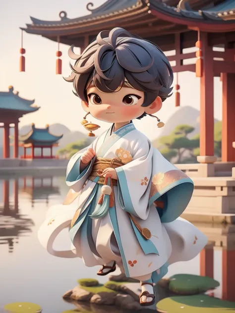 A boy in traditional Chinese clothing flies over the water,  He flapped the four transparent bee wings behind him,Anime style 3d, Stylized anime, palace ， boy wearing hanfu, Lovely and detailed digital art, Cute 3d rendering, Cute numbers, Keqing from gens...