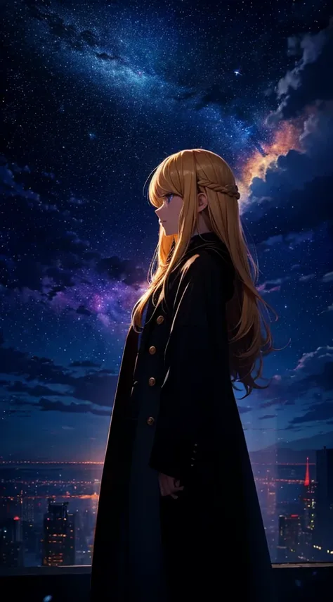 １people々々々々々,Blonde long-haired woman，Long coat， Dress Silhouette， Side view，Space Sky, comet, Anime Style, Starry sky seen from the rooftop，