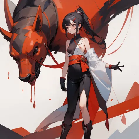 ((highest quality)), ((masterpiece)), (Become familiar with),  1 girl, alone, Black Hair,ponytail,White kimono,black sleeveless,red hair clip,Red belt, ,slender,Long Hair,Small breasts, gloves,boots, Erect nipples