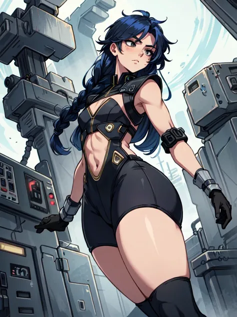 android, femboy, male, joints, robot, black eyes, midnight blue hair, circuits running through skin, braided hair, uniform, curvy, flat chest, male chest, 1boy, solo, wide hips, big ass